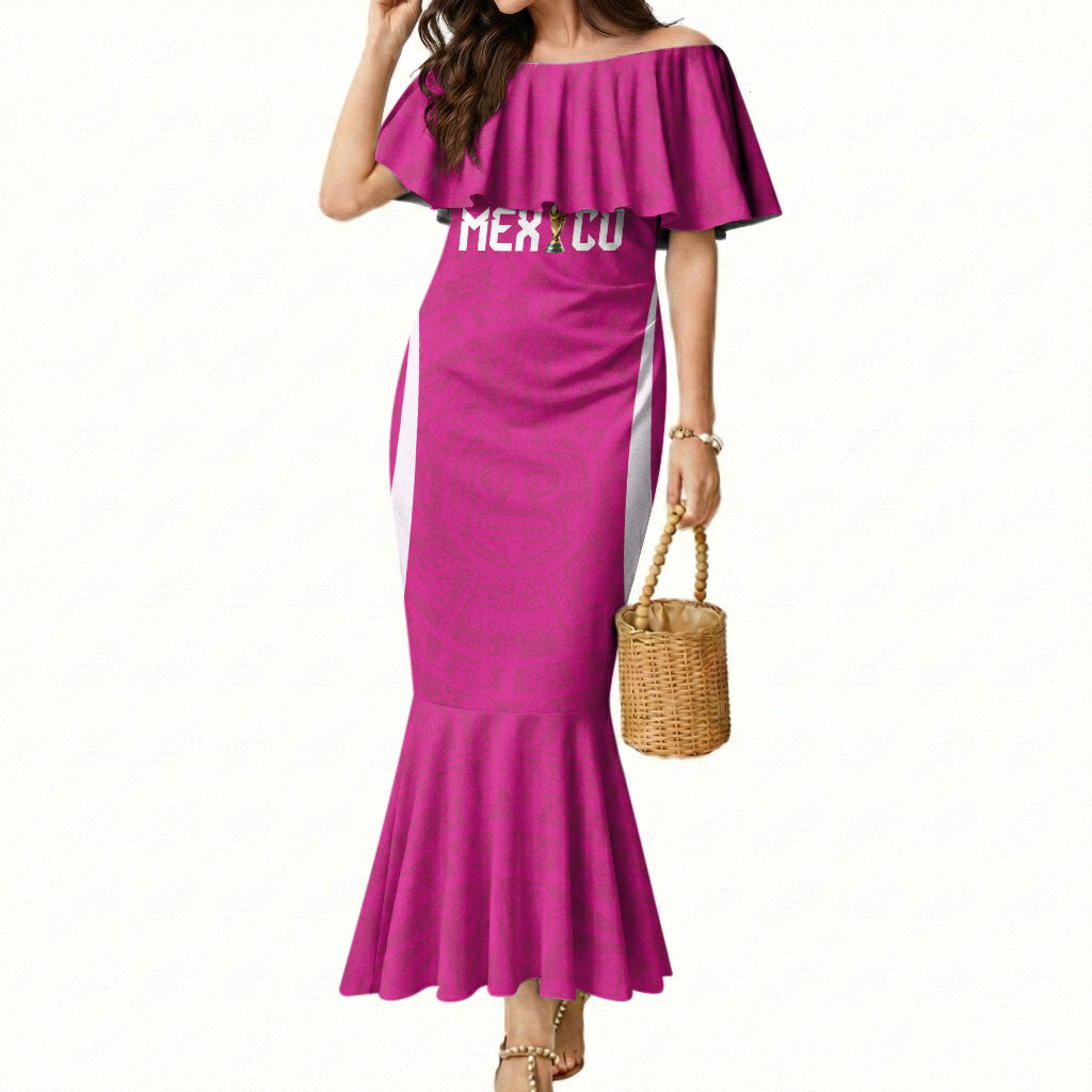Custom Mexico 2026 Football Pink Mermaid Dress Golden Eagle Victory
