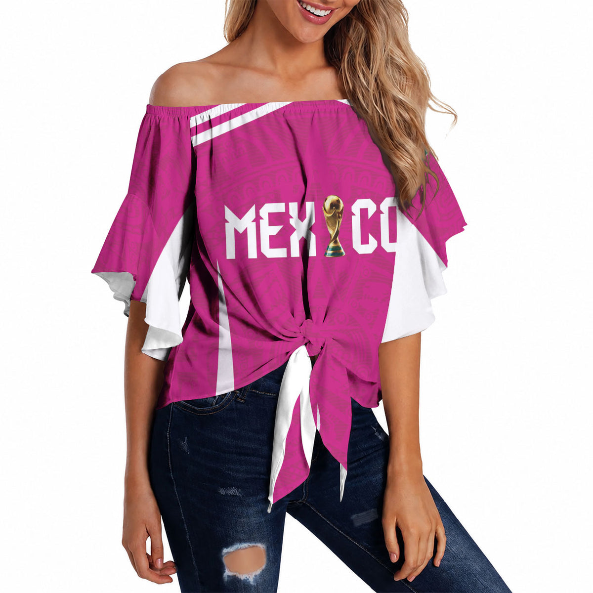 Custom Mexico 2026 Football Pink Off Shoulder Wrap Waist Top Golden Eagle Victory