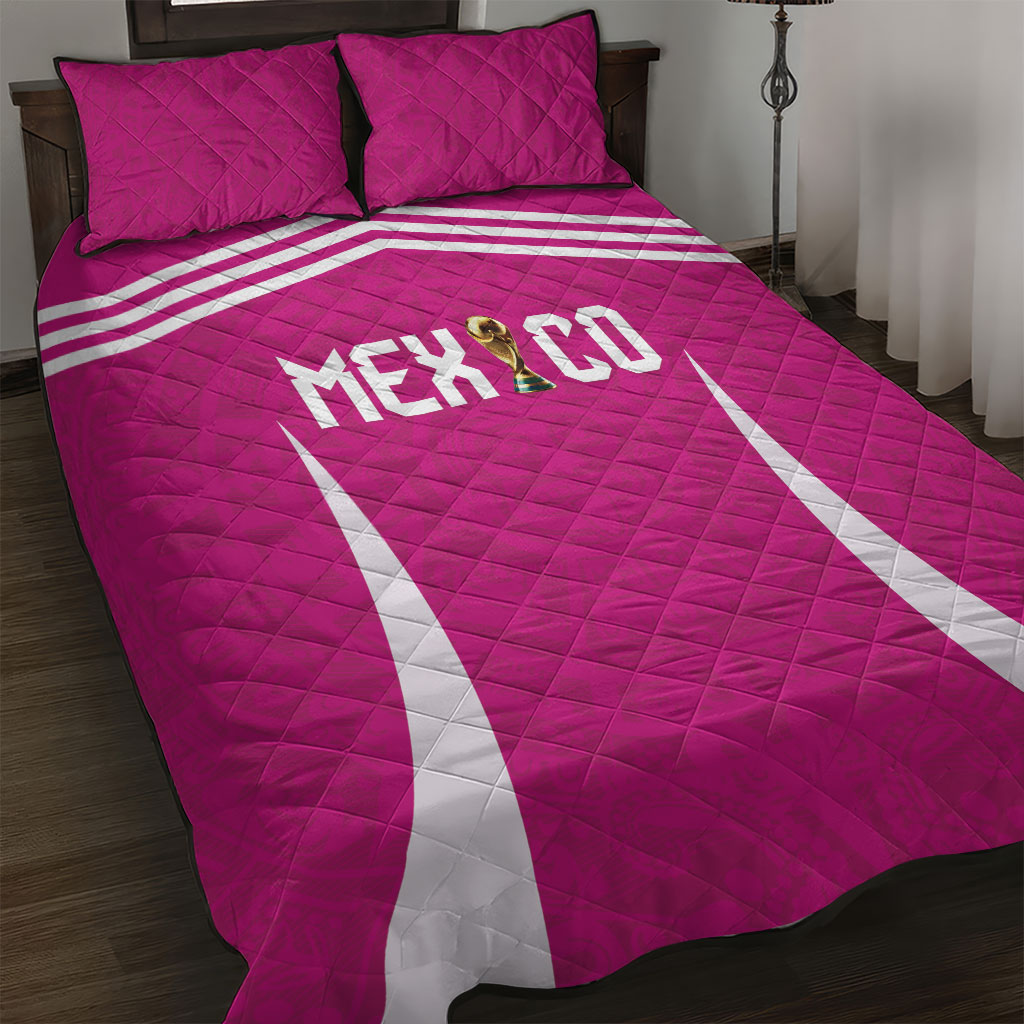 Mexico 2026 Football Pink Quilt Bed Set Golden Eagle Victory