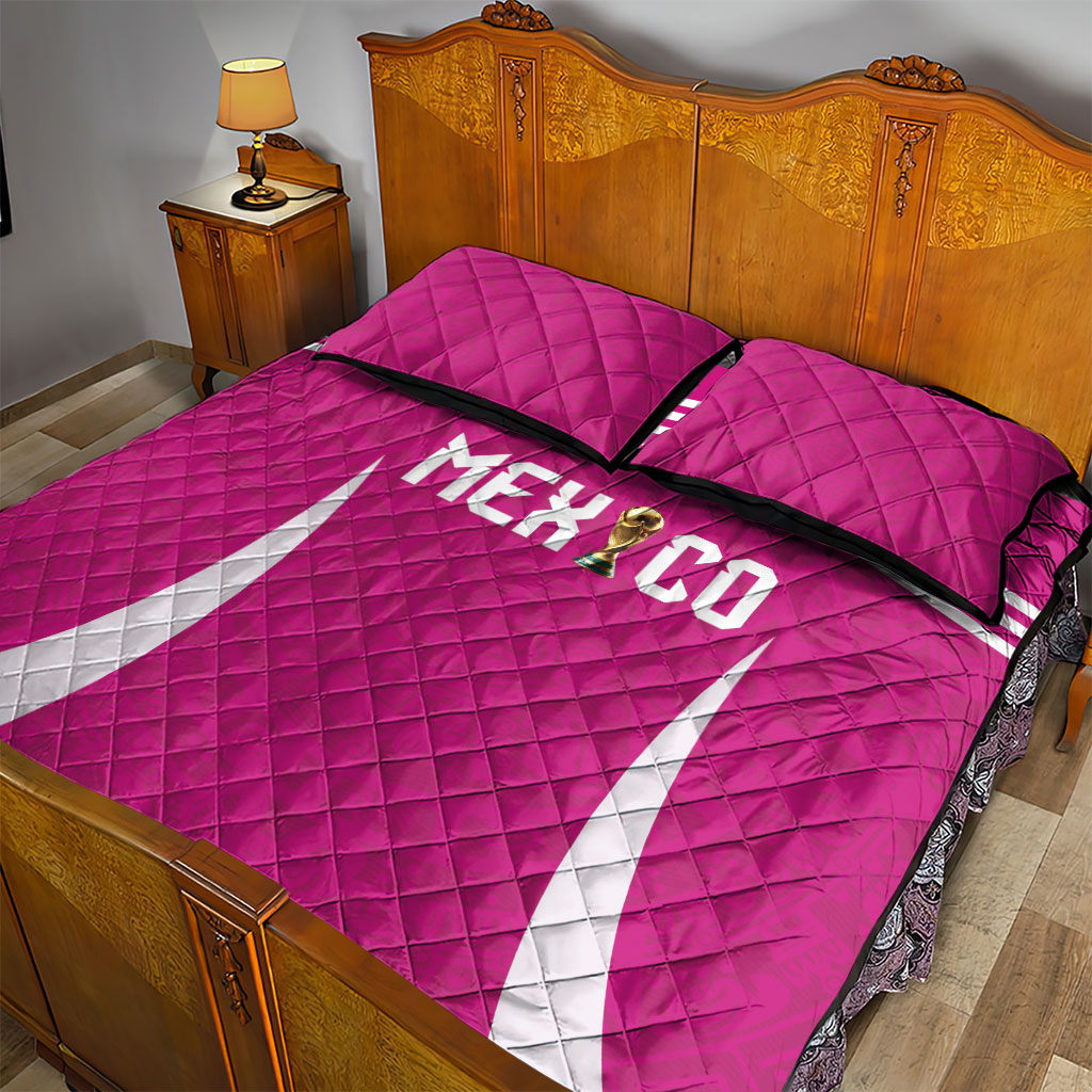 Mexico 2026 Football Pink Quilt Bed Set Golden Eagle Victory