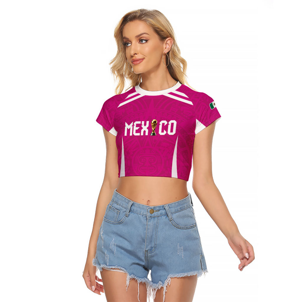 Custom Mexico 2026 Football Pink Raglan Cropped T Shirt Golden Eagle Victory