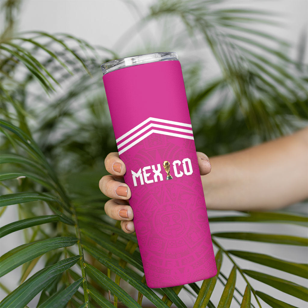 Custom Mexico 2026 Football Pink Skinny Tumbler Golden Eagle Victory