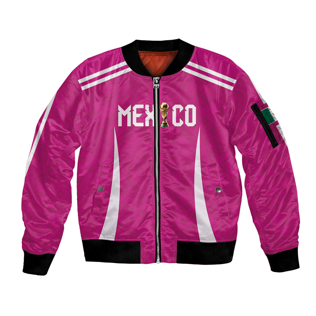 Custom Mexico 2026 Football Pink Sleeve Zip Bomber Jacket Golden Eagle Victory