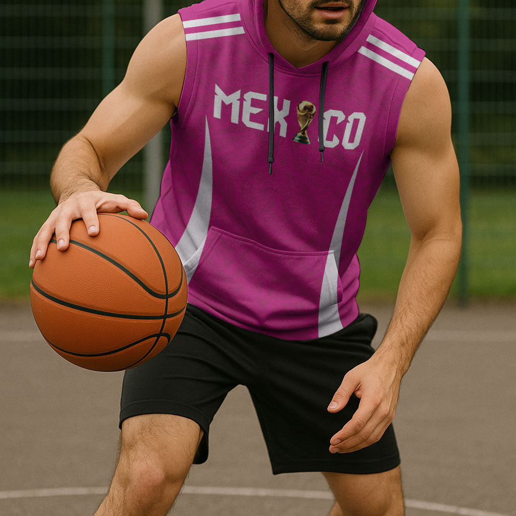 Custom Mexico 2026 Football Pink Sleeveless Hoodie Golden Eagle Victory