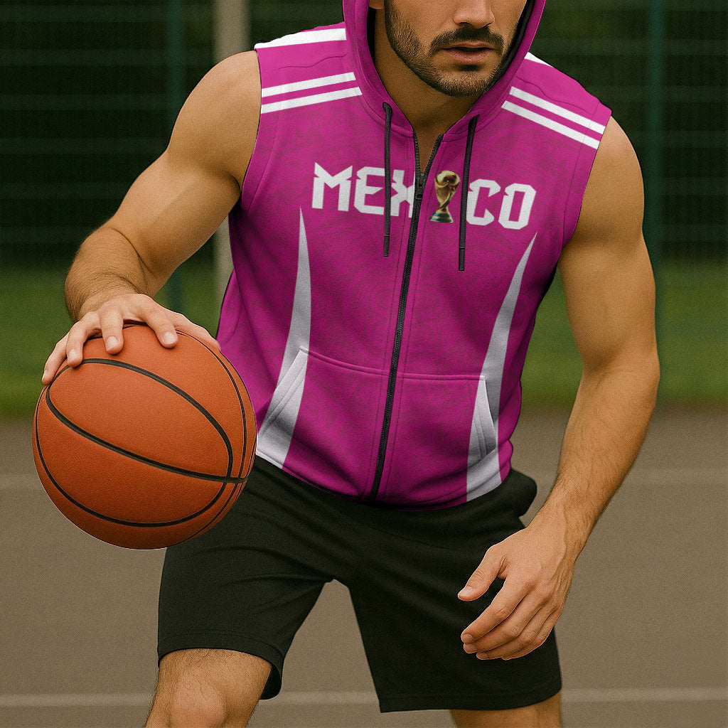 Custom Mexico 2026 Football Pink Sleeveless Zip Hoodie Golden Eagle Victory