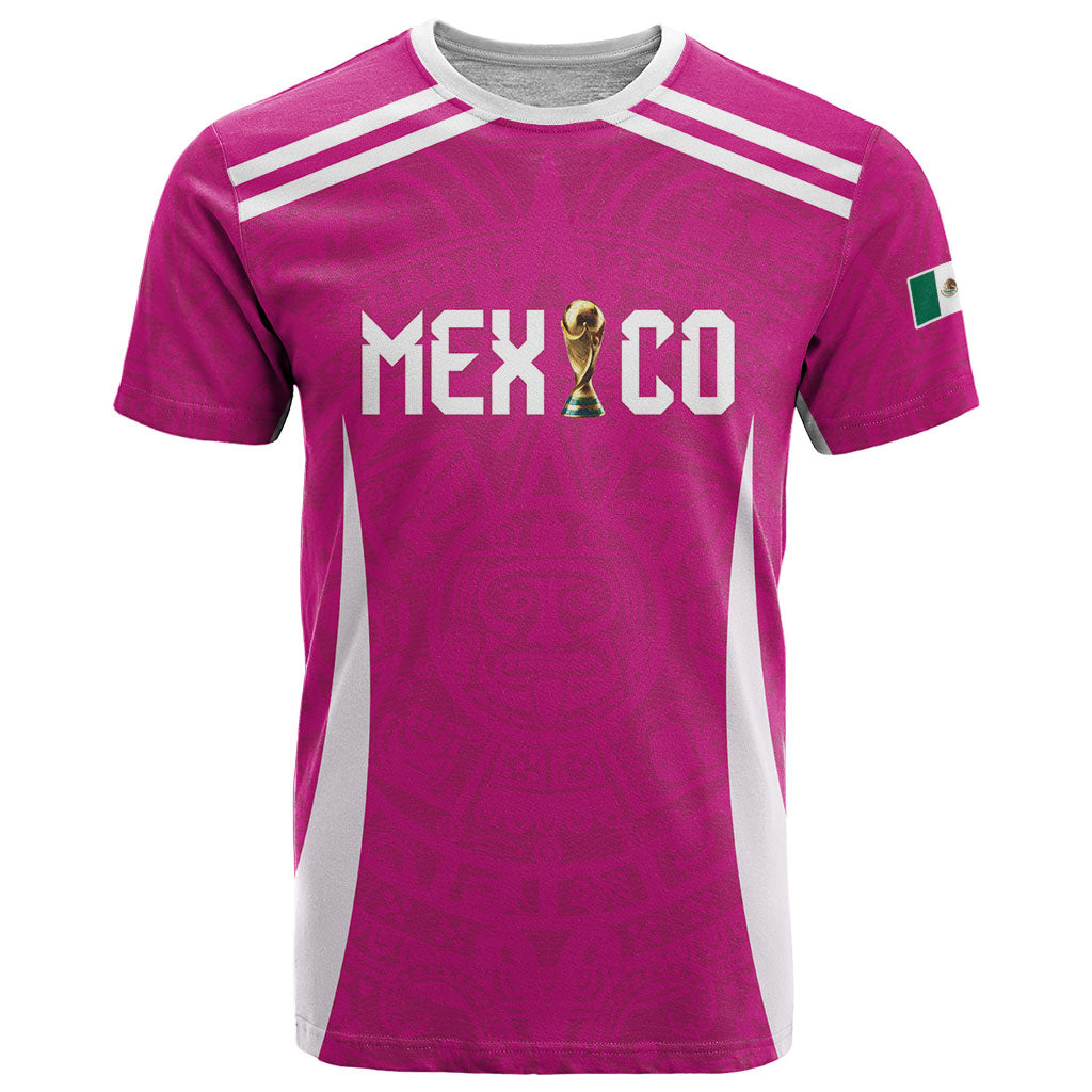 Custom Mexico 2026 Football Pink T Shirt Golden Eagle Victory