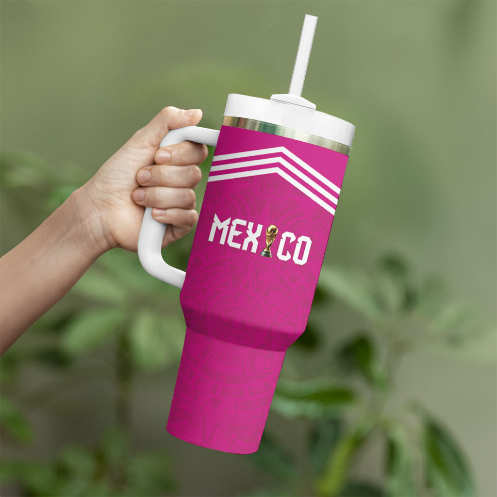 Custom Mexico 2026 Football Pink Tumbler With Handle Golden Eagle Victory