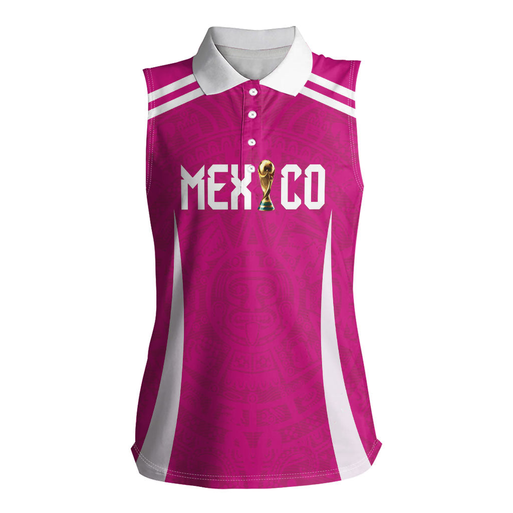 Custom Mexico 2026 Football Pink Women Sleeveless Polo Shirt Golden Eagle Victory