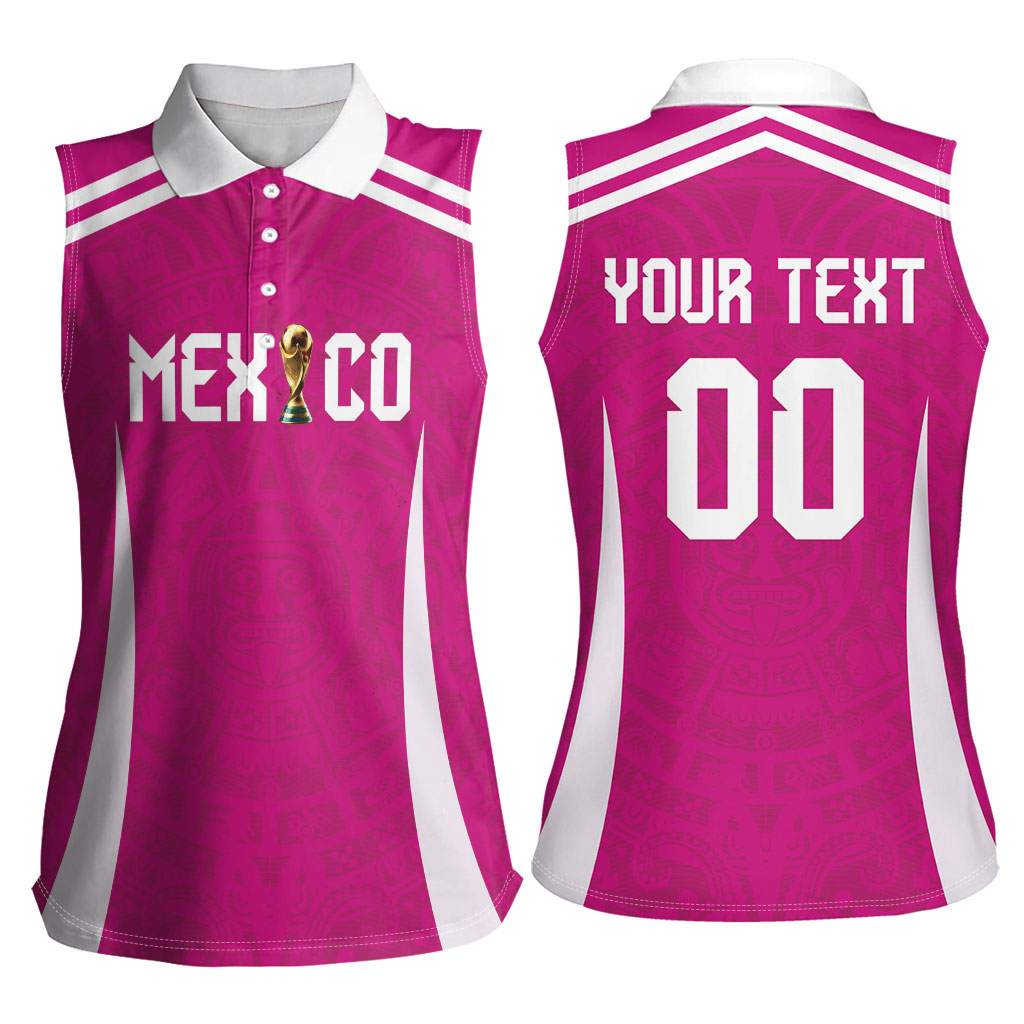Custom Mexico 2026 Football Pink Women Sleeveless Polo Shirt Golden Eagle Victory