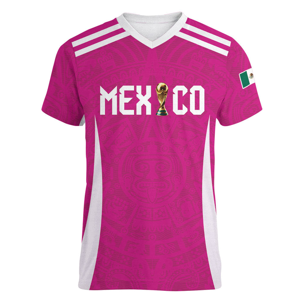 Custom Mexico 2026 Football Pink Women V-Neck T-Shirt Golden Eagle Victory