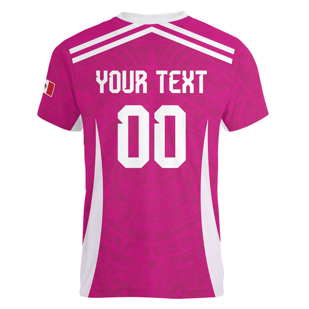 Custom Mexico 2026 Football Pink Women V-Neck T-Shirt Golden Eagle Victory