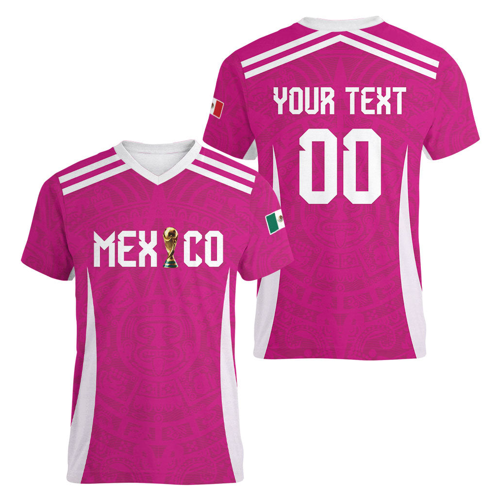 Custom Mexico 2026 Football Pink Women V-Neck T-Shirt Golden Eagle Victory