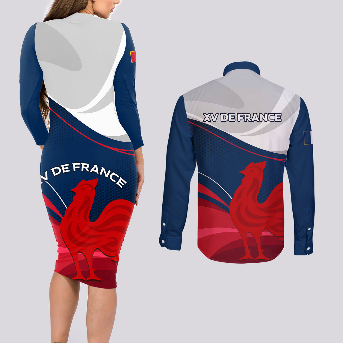 France Rugby Couples Matching Long Sleeve Bodycon Dress and Long Sleeve Button Shirts XV de France 2023 World Cup - Wonder Print Shop