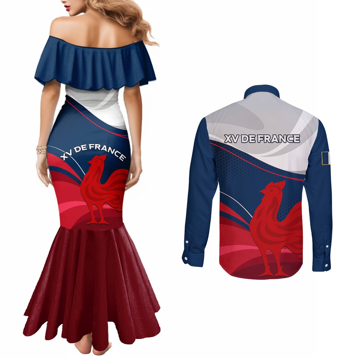 france-rugby-couples-matching-mermaid-dress-and-long-sleeve-button-shirts-xv-de-france-2023-world-cup