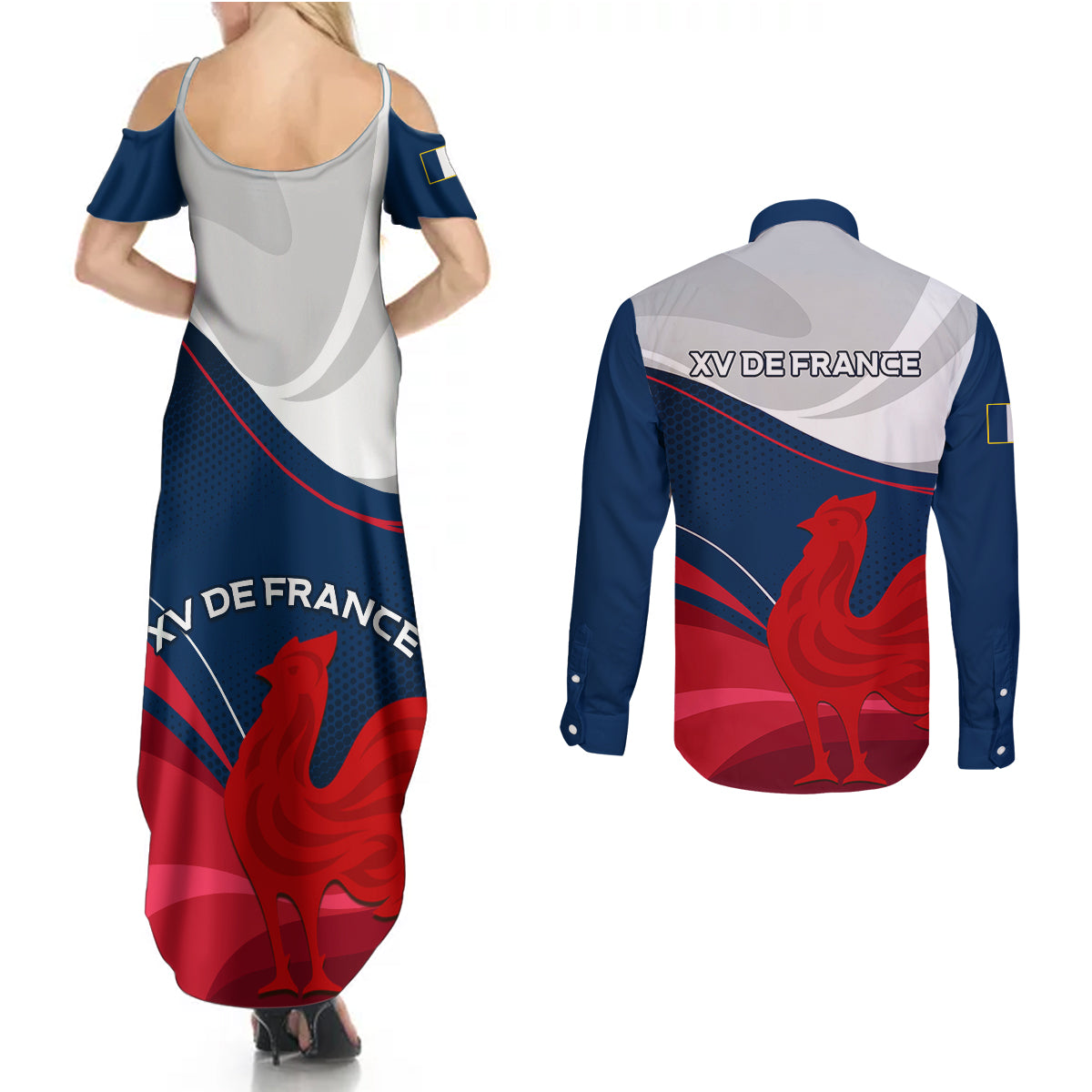 France Rugby Couples Matching Summer Maxi Dress and Long Sleeve Button Shirts XV de France 2023 World Cup - Wonder Print Shop