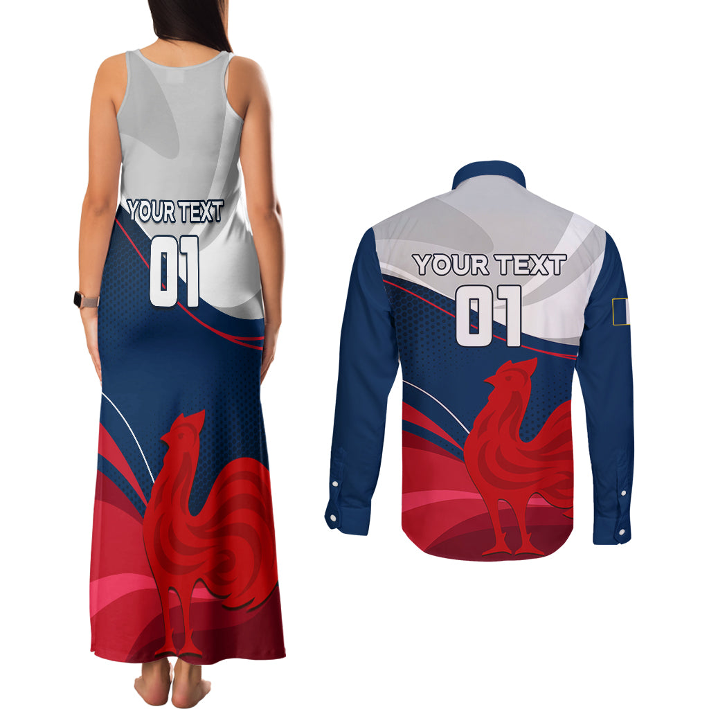Custom France Rugby Couples Matching Tank Maxi Dress and Long Sleeve Button Shirts XV de France 2023 World Cup - Wonder Print Shop
