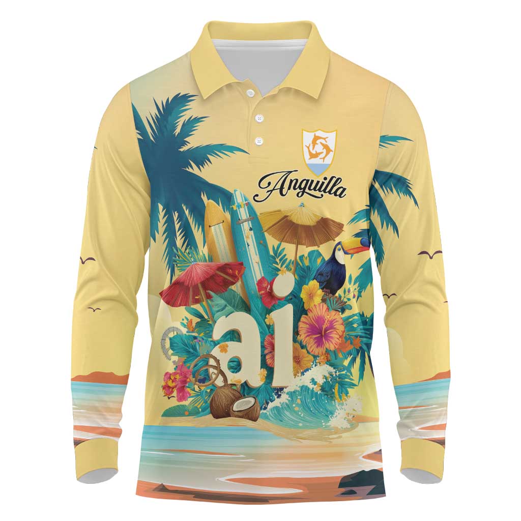 Anguilla AI Tropical Flowers Long Sleeve Polo Shirt - Wonder Print Shop