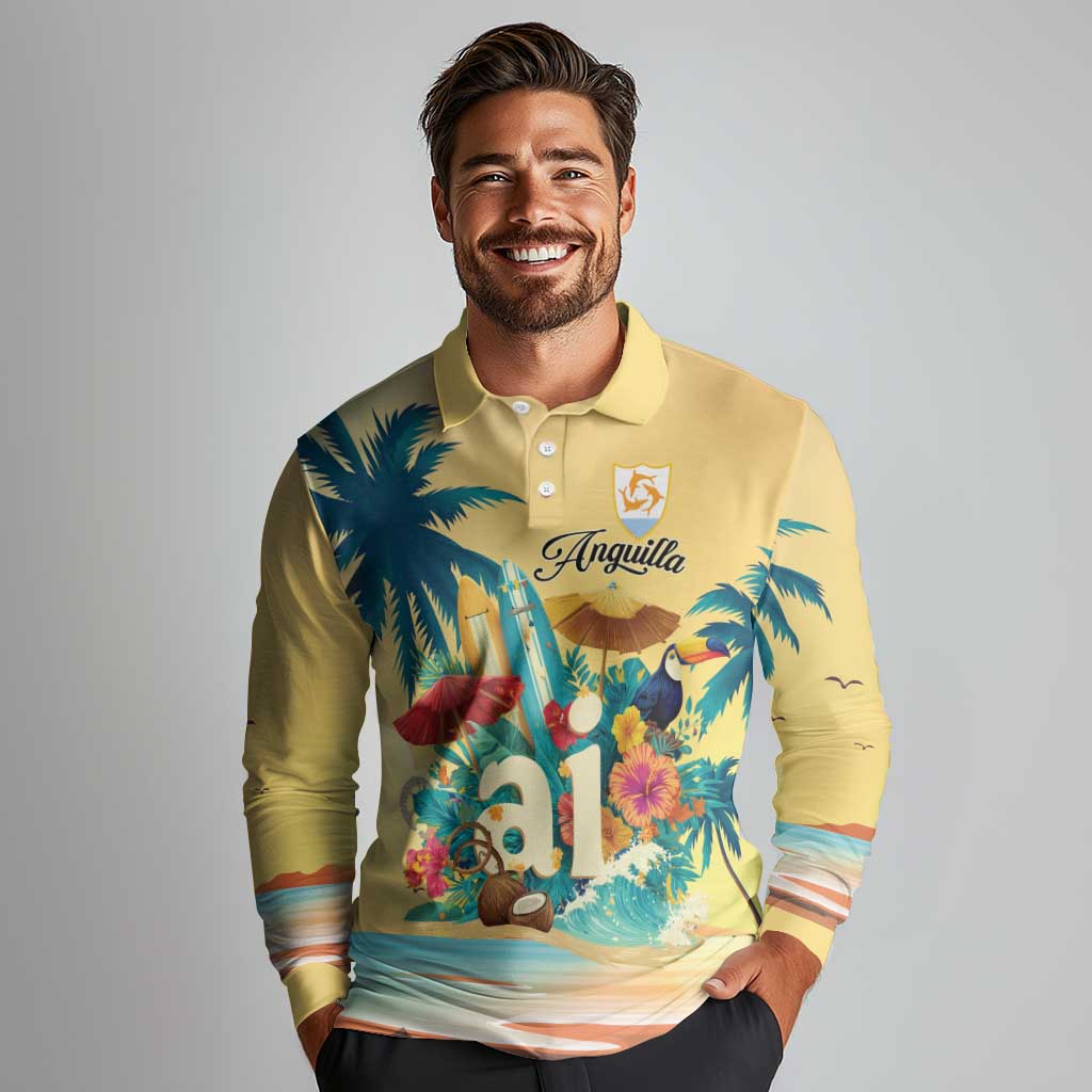 Anguilla AI Tropical Flowers Long Sleeve Polo Shirt - Wonder Print Shop