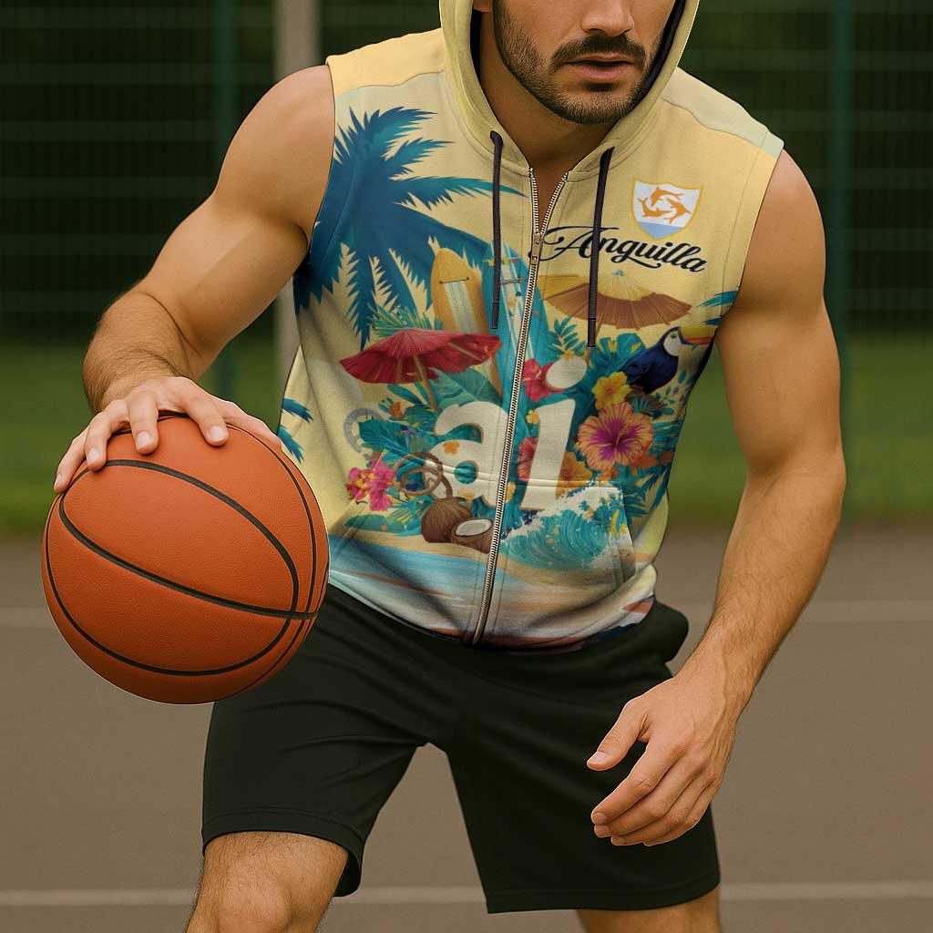 Anguilla AI Tropical Flowers Sleeveless Zip Hoodie - Wonder Print Shop