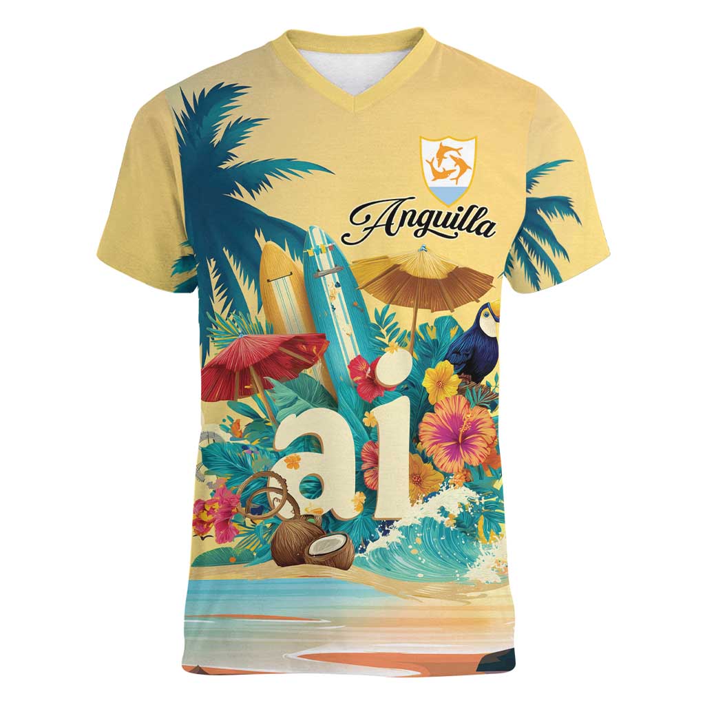 Anguilla AI Tropical Flowers Women V-Neck T-Shirt - Wonder Print Shop