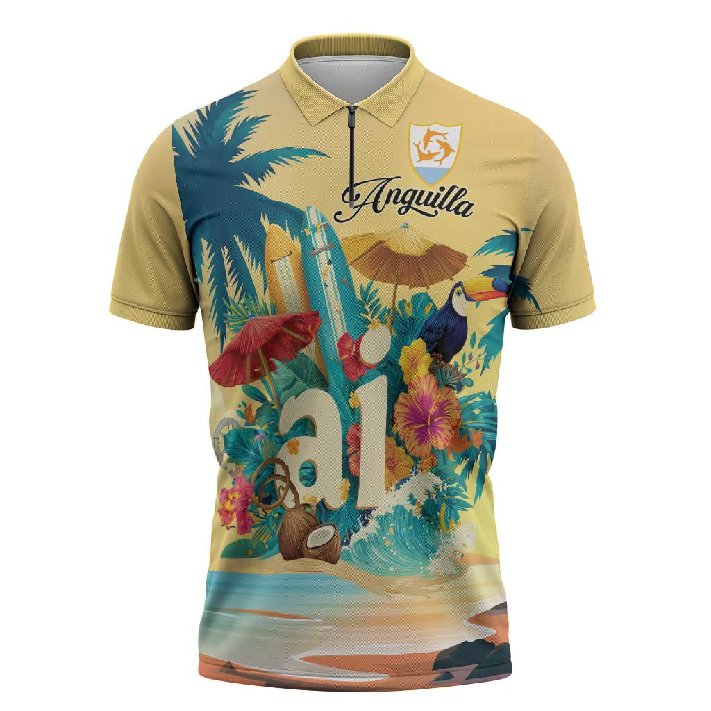 Anguilla AI Tropical Flowers Zipper Polo Shirt - Wonder Print Shop