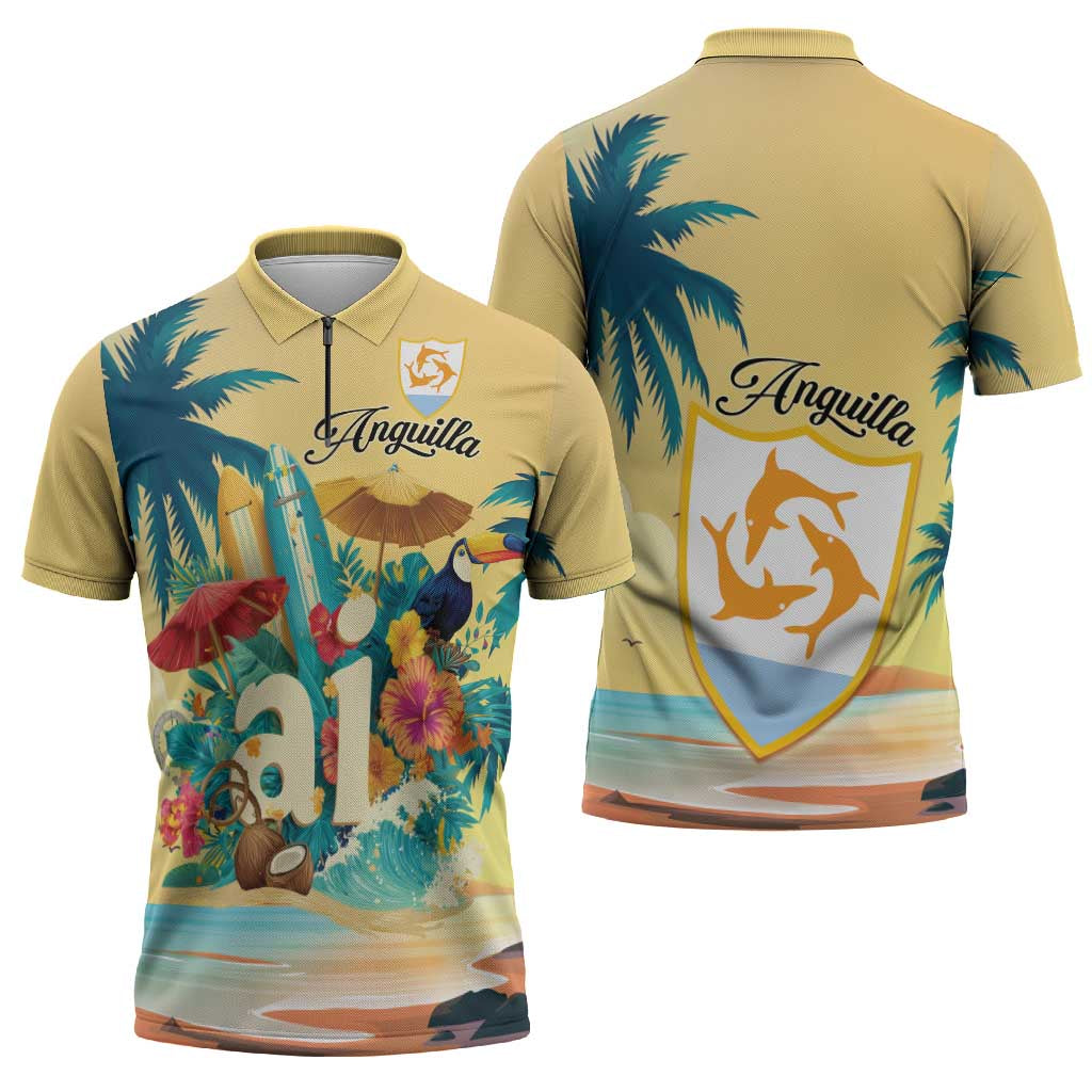 Anguilla AI Tropical Flowers Zipper Polo Shirt - Wonder Print Shop