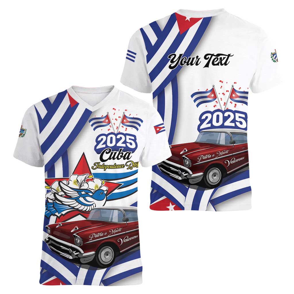 Personalized Cuba 2025 Independence Day Women V-Neck T-Shirt The Beauty Of Classic Car - Wonder Print Shop