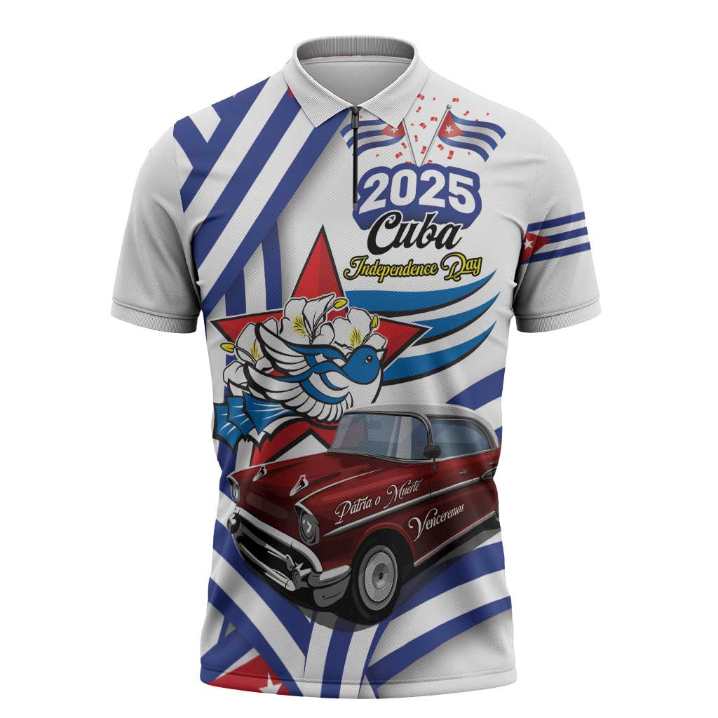 Personalized Cuba 2025 Independence Day Zipper Polo Shirt The Beauty Of Classic Car - Wonder Print Shop