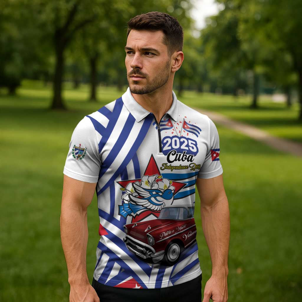 Personalized Cuba 2025 Independence Day Zipper Polo Shirt The Beauty Of Classic Car - Wonder Print Shop