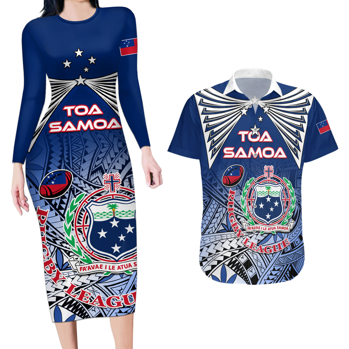 Custom Samoa Rugby Couples Matching Long Sleeve Bodycon Dress and Hawaiian Shirt Toa Samoa Myriad Patterns - Wonder Print Shop