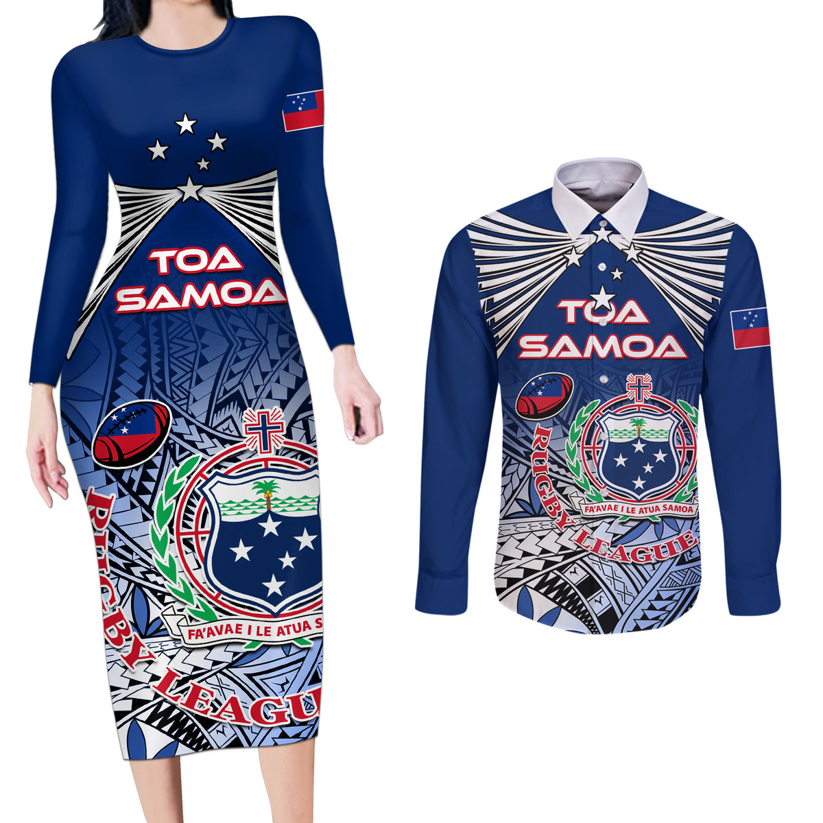 Custom Samoa Rugby Couples Matching Long Sleeve Bodycon Dress and Long Sleeve Button Shirt Toa Samoa Myriad Patterns - Wonder Print Shop