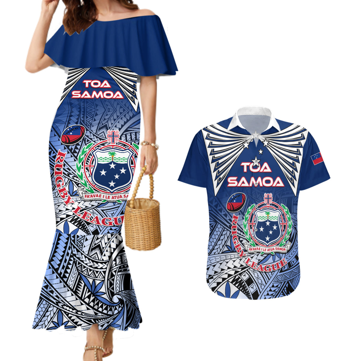Custom Samoa Rugby Couples Matching Mermaid Dress and Hawaiian Shirt Toa Samoa Myriad Patterns - Wonder Print Shop