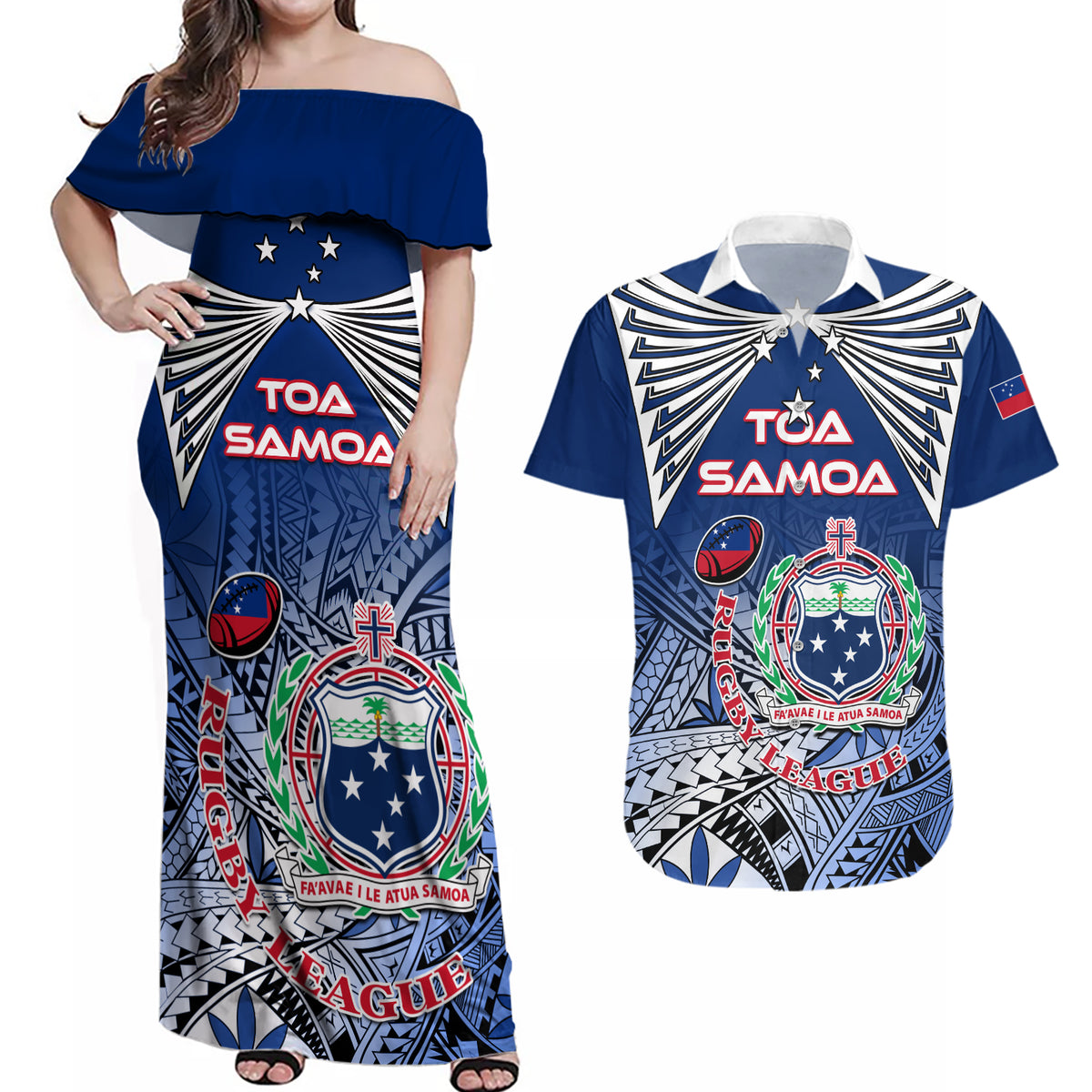 Custom Samoa Rugby Couples Matching Off Shoulder Maxi Dress and Hawaiian Shirt Toa Samoa Myriad Patterns - Wonder Print Shop