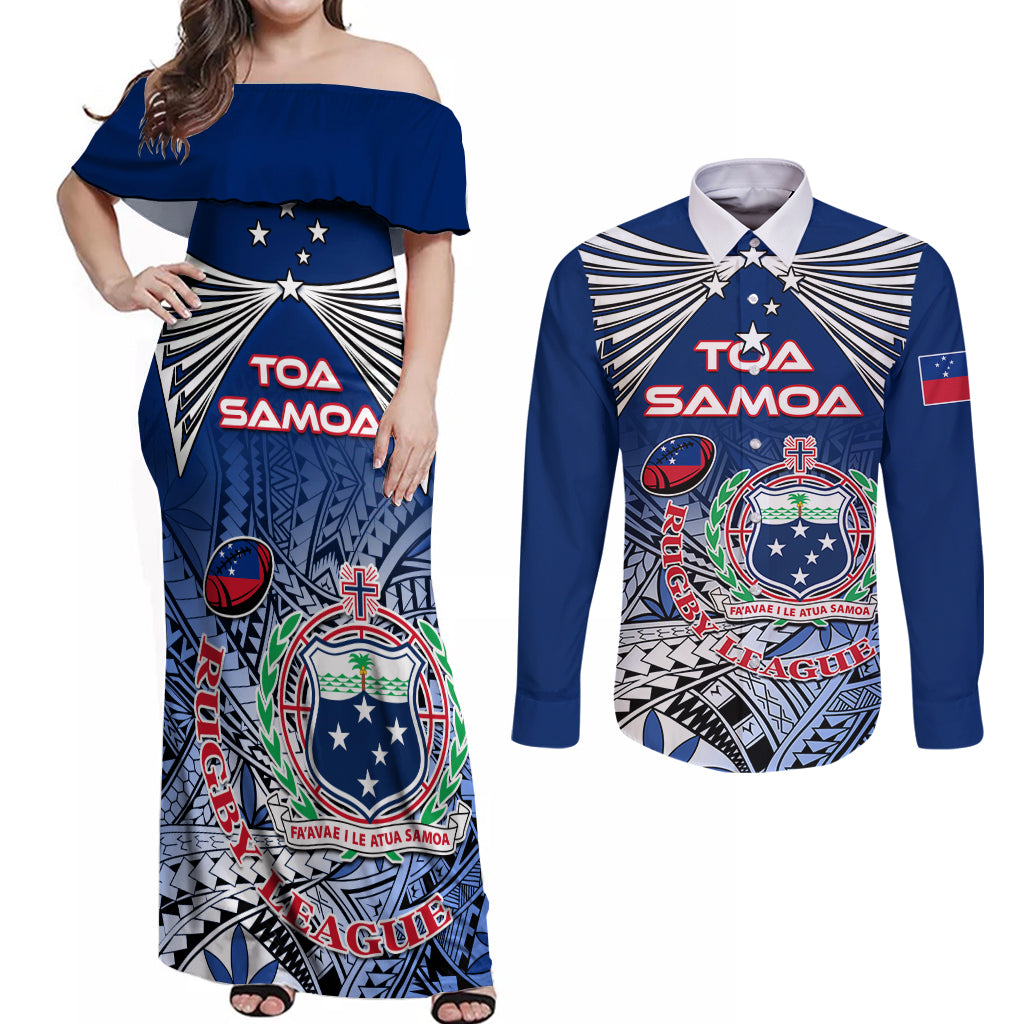 Custom Samoa Rugby Couples Matching Off Shoulder Maxi Dress and Long Sleeve Button Shirt Toa Samoa Myriad Patterns - Wonder Print Shop
