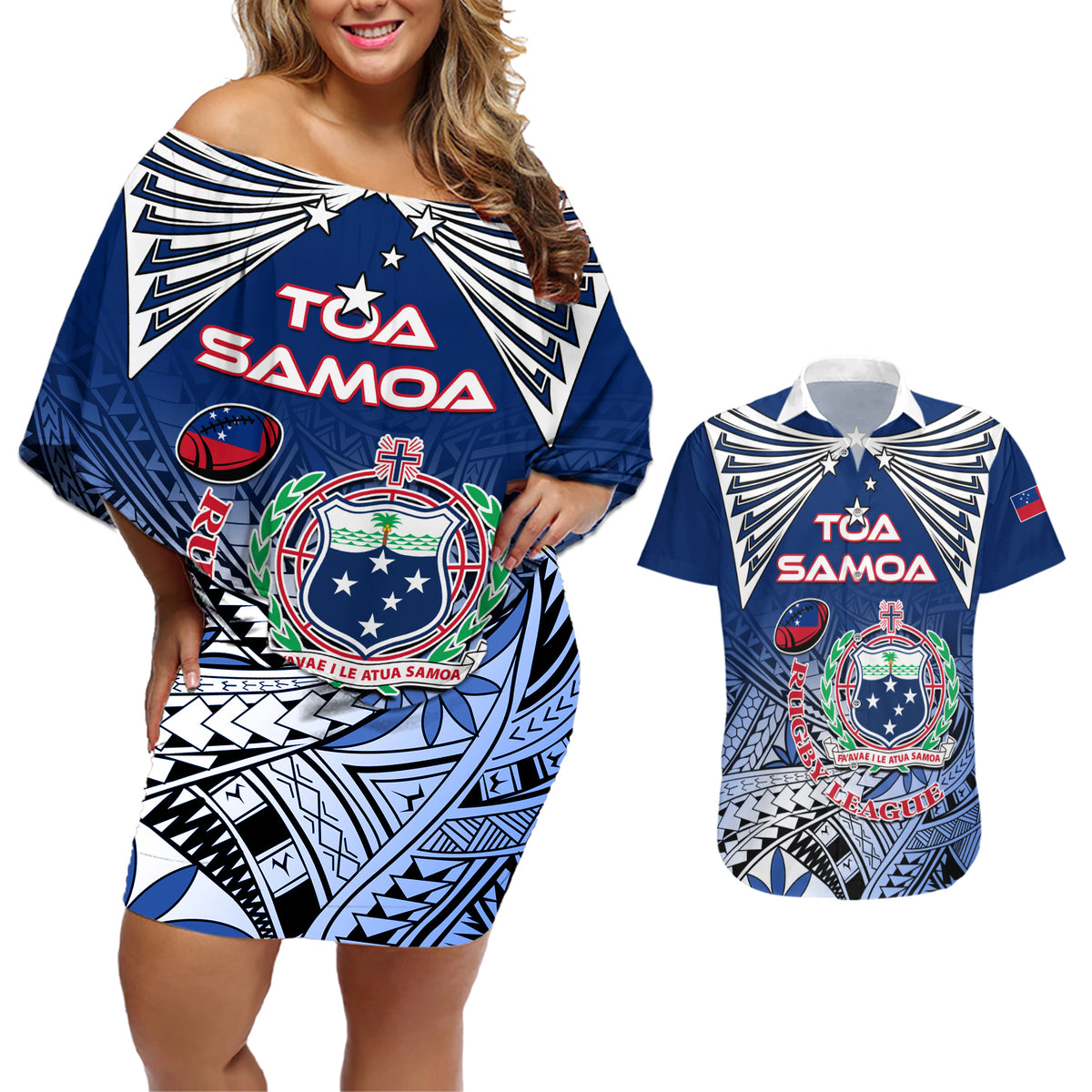 Custom Samoa Rugby Couples Matching Off Shoulder Short Dress and Hawaiian Shirt Toa Samoa Myriad Patterns - Wonder Print Shop