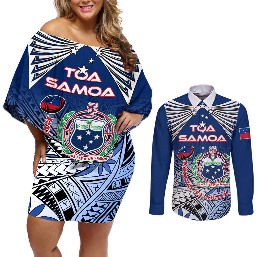 Custom Samoa Rugby Couples Matching Off Shoulder Short Dress and Long Sleeve Button Shirt Toa Samoa Myriad Patterns - Wonder Print Shop