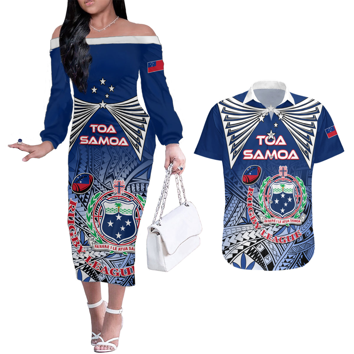 Custom Samoa Rugby Couples Matching Off The Shoulder Long Sleeve Dress and Hawaiian Shirt Toa Samoa Myriad Patterns - Wonder Print Shop