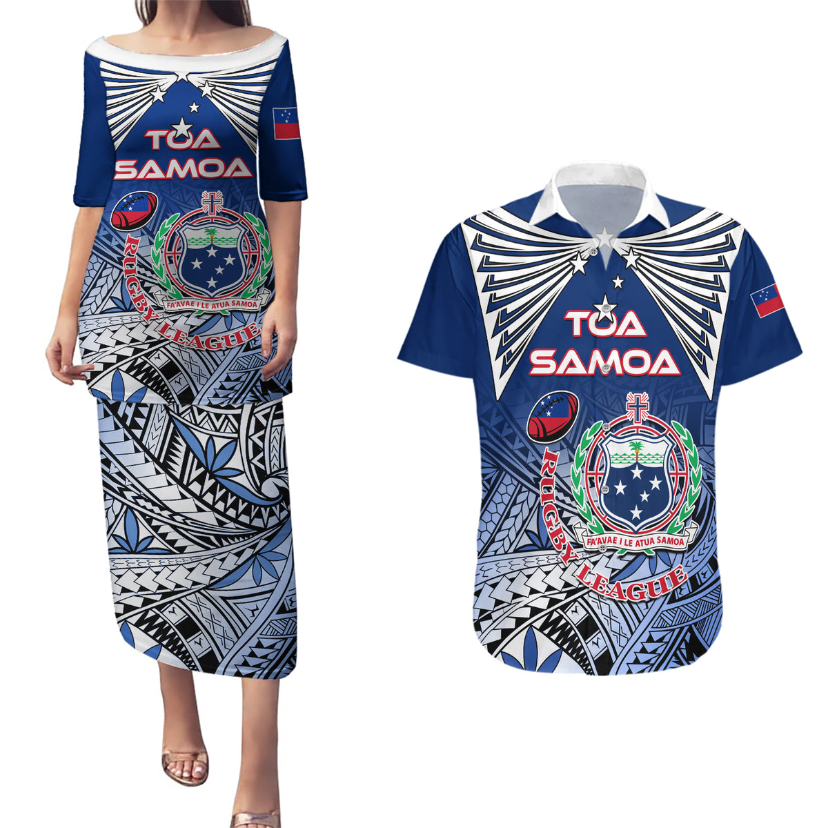 Custom Samoa Rugby Couples Matching Puletasi Dress and Hawaiian Shirt Toa Samoa Myriad Patterns - Wonder Print Shop
