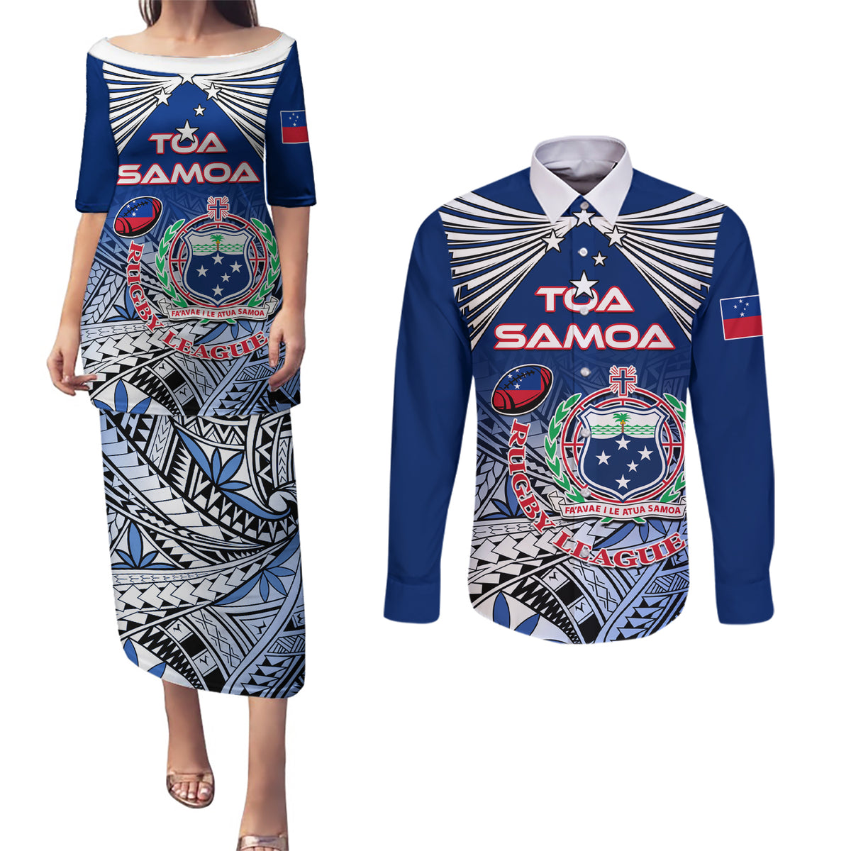 Custom Samoa Rugby Couples Matching Puletasi Dress and Long Sleeve Button Shirt Toa Samoa Myriad Patterns - Wonder Print Shop
