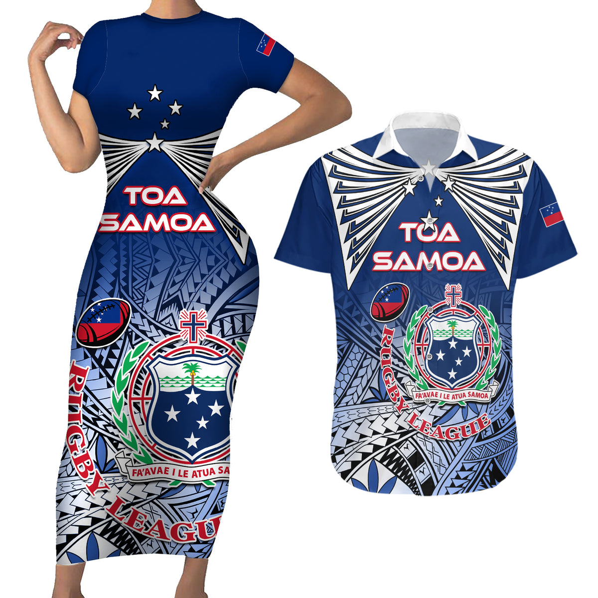 Custom Samoa Rugby Couples Matching Short Sleeve Bodycon Dress and Hawaiian Shirt Toa Samoa Myriad Patterns - Wonder Print Shop