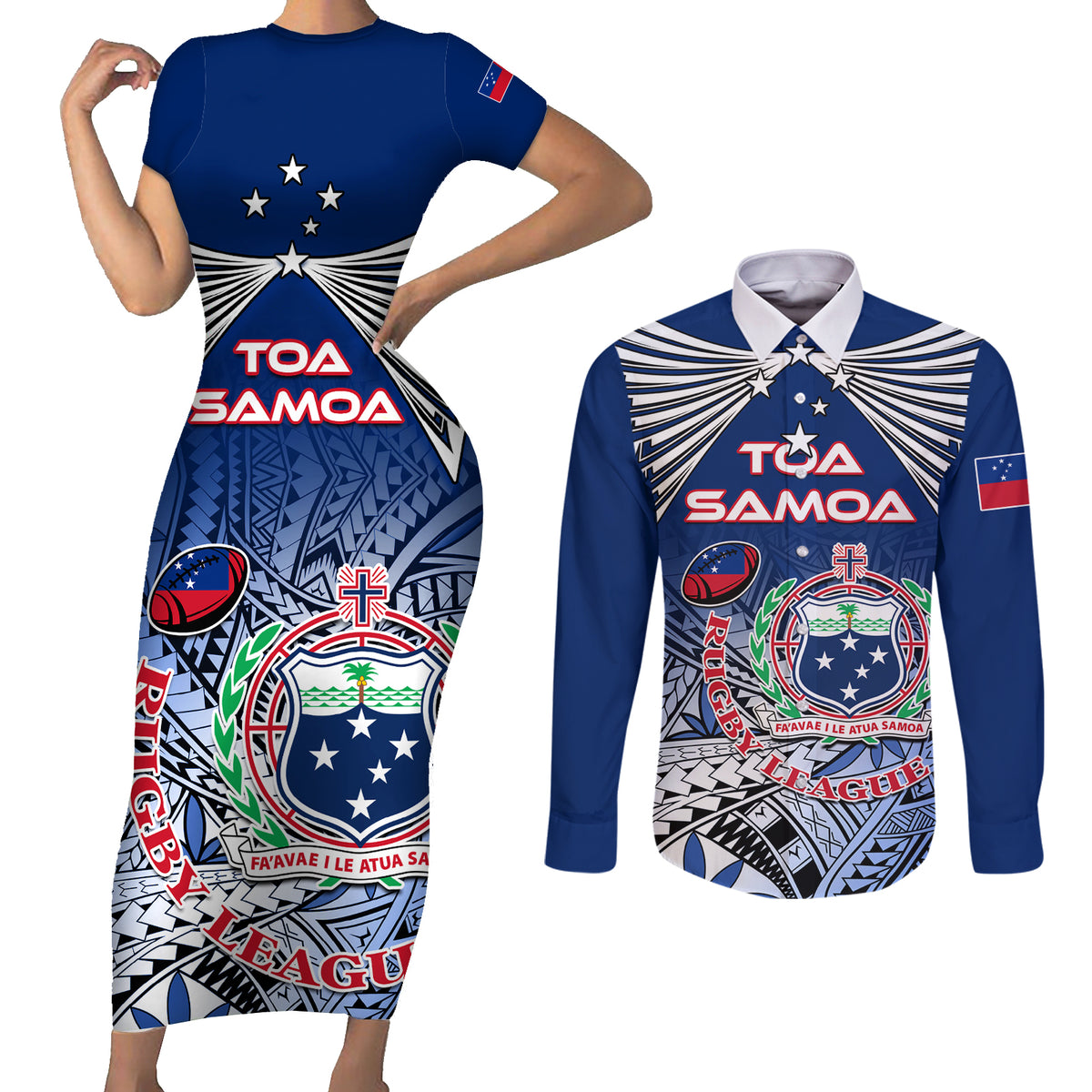 Custom Samoa Rugby Couples Matching Short Sleeve Bodycon Dress and Long Sleeve Button Shirt Toa Samoa Myriad Patterns - Wonder Print Shop
