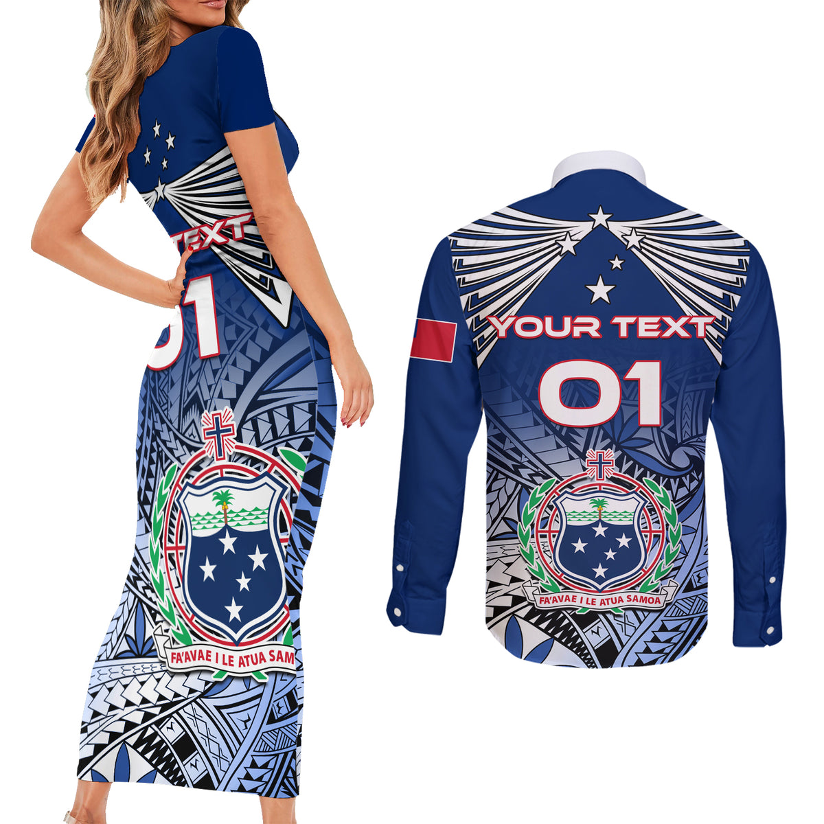 Custom Samoa Rugby Couples Matching Short Sleeve Bodycon Dress and Long Sleeve Button Shirt Toa Samoa Myriad Patterns - Wonder Print Shop