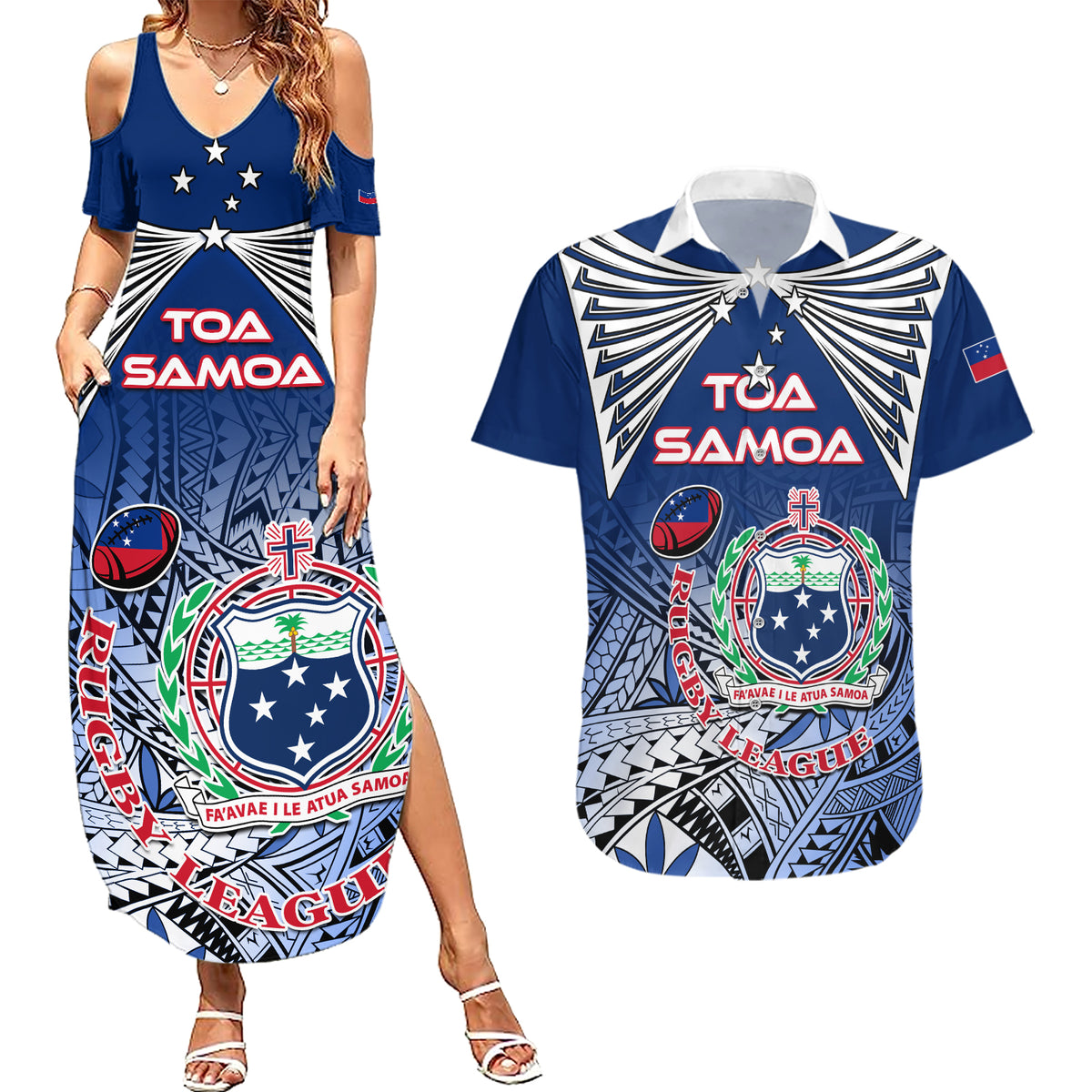 Custom Samoa Rugby Couples Matching Summer Maxi Dress and Hawaiian Shirt Toa Samoa Myriad Patterns - Wonder Print Shop