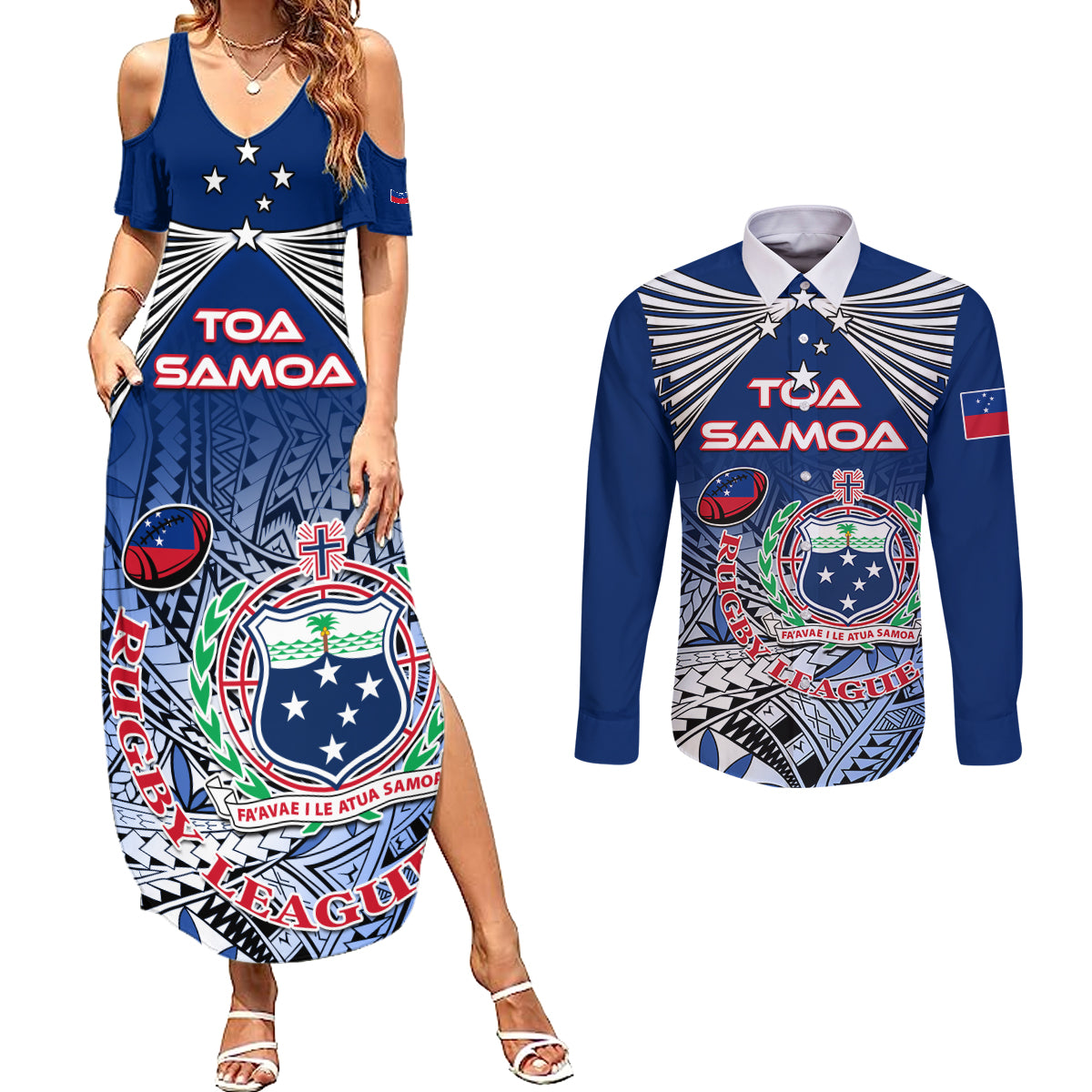 Custom Samoa Rugby Couples Matching Summer Maxi Dress and Long Sleeve Button Shirt Toa Samoa Myriad Patterns - Wonder Print Shop