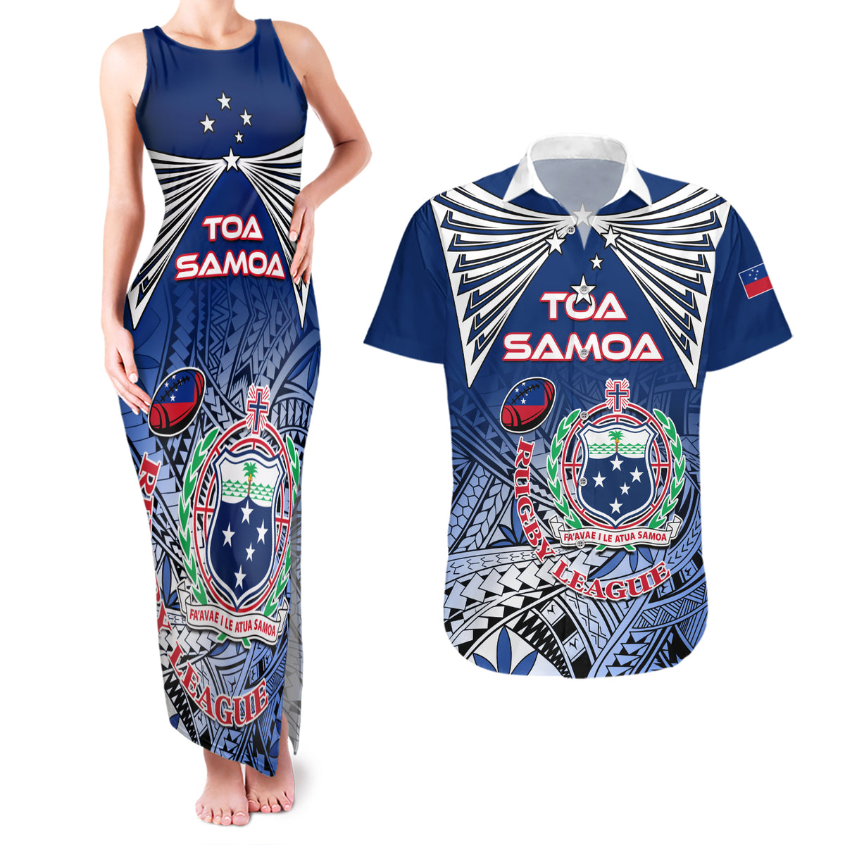 Custom Samoa Rugby Couples Matching Tank Maxi Dress and Hawaiian Shirt Toa Samoa Myriad Patterns - Wonder Print Shop