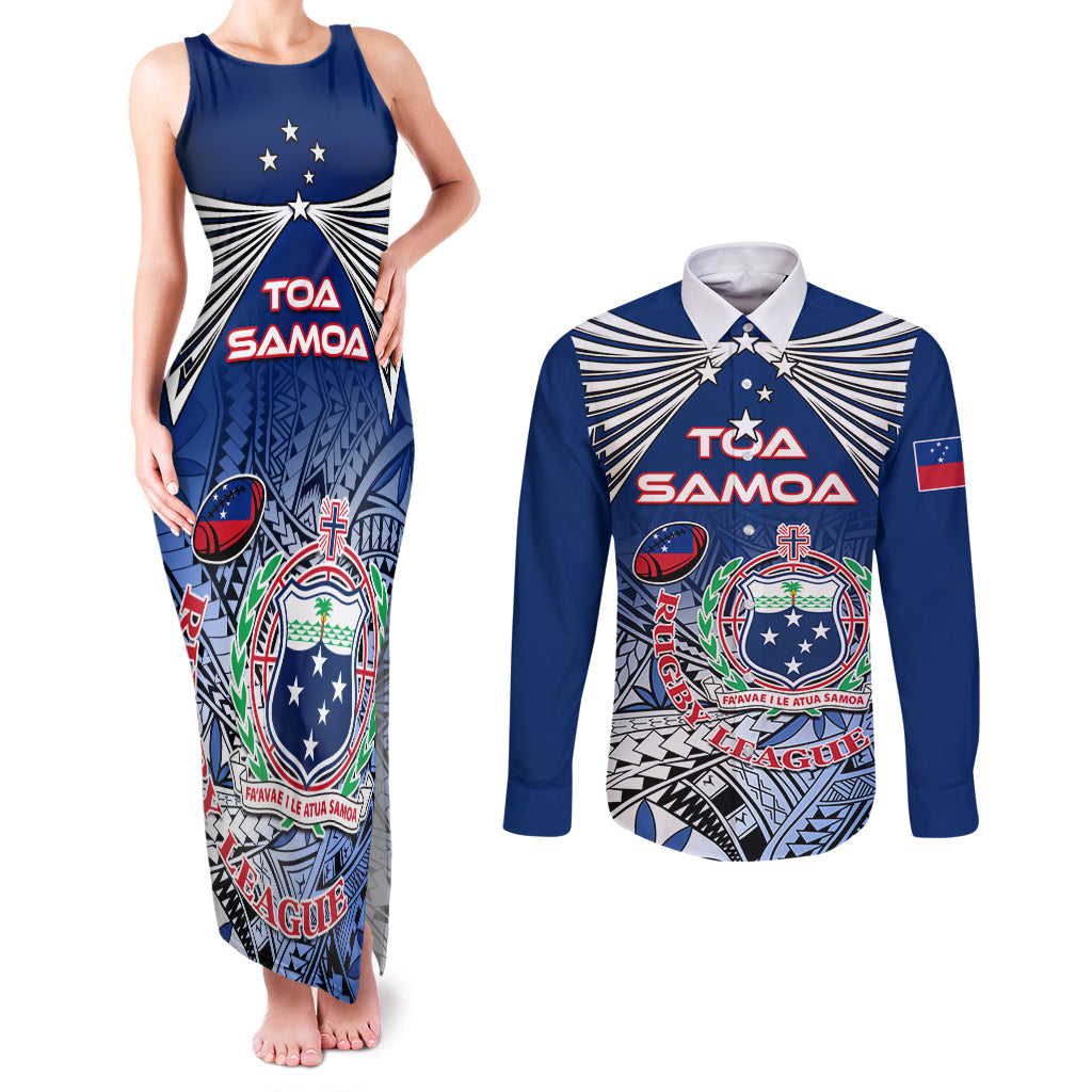 Custom Samoa Rugby Couples Matching Tank Maxi Dress and Long Sleeve Button Shirt Toa Samoa Myriad Patterns - Wonder Print Shop
