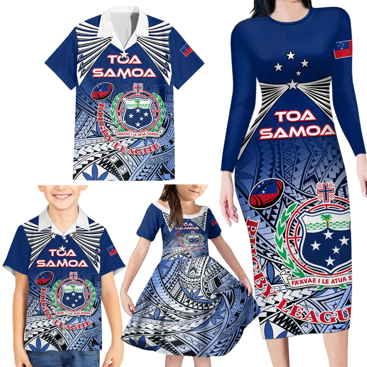 Custom Samoa Rugby Family Matching Long Sleeve Bodycon Dress and Hawaiian Shirt Toa Samoa Myriad Patterns - Wonder Print Shop