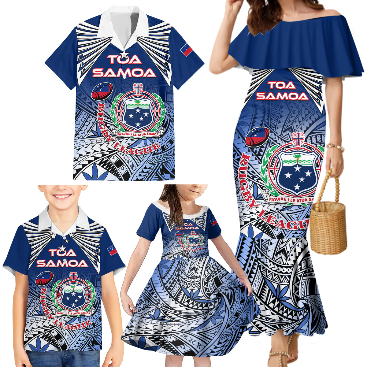 Custom Samoa Rugby Family Matching Mermaid Dress and Hawaiian Shirt Toa Samoa Myriad Patterns - Wonder Print Shop