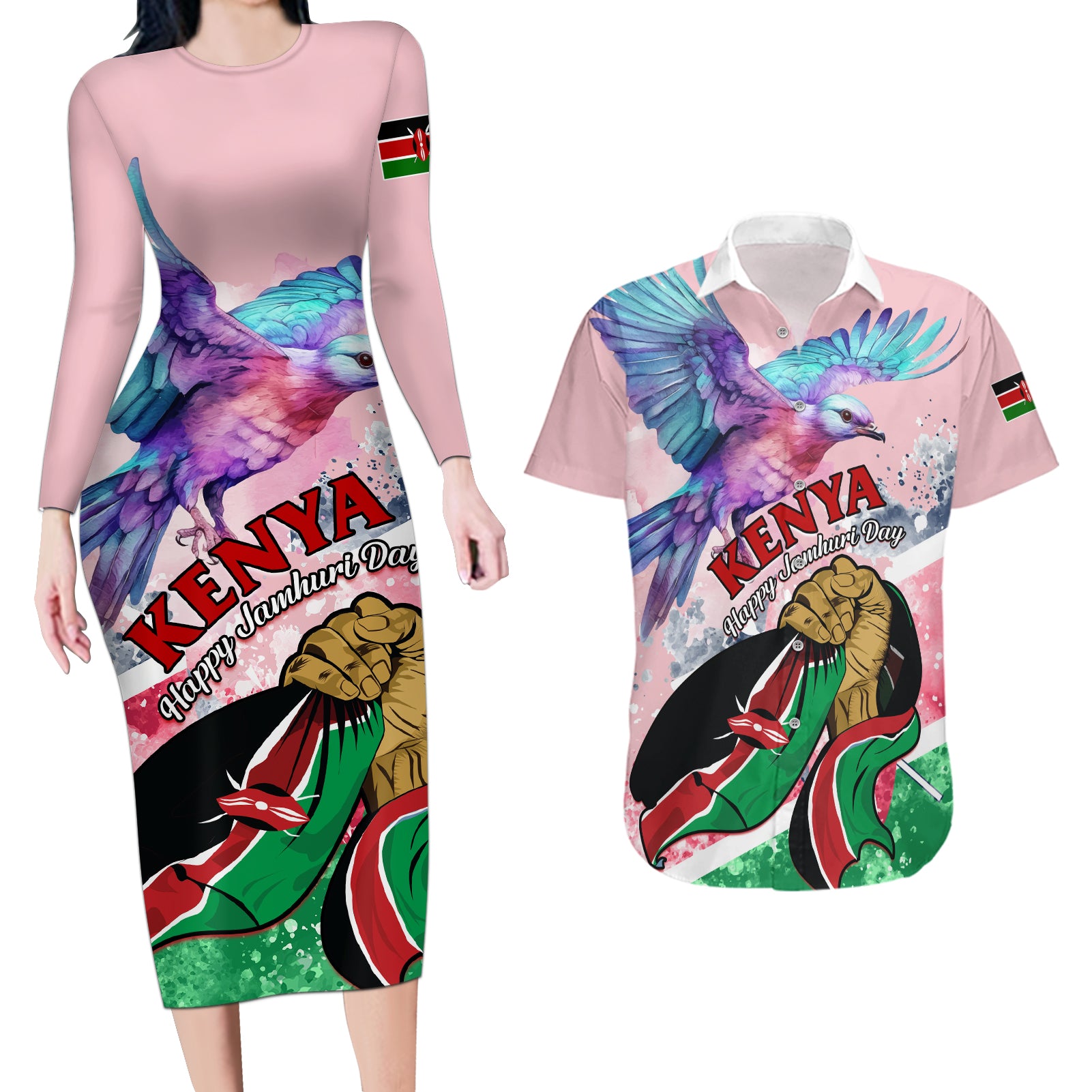 personalised-kenya-independence-day-couples-matching-long-sleeve-bodycon-dress-and-hawaiian-shirt-the-lilac-breasted-roller-unique-version