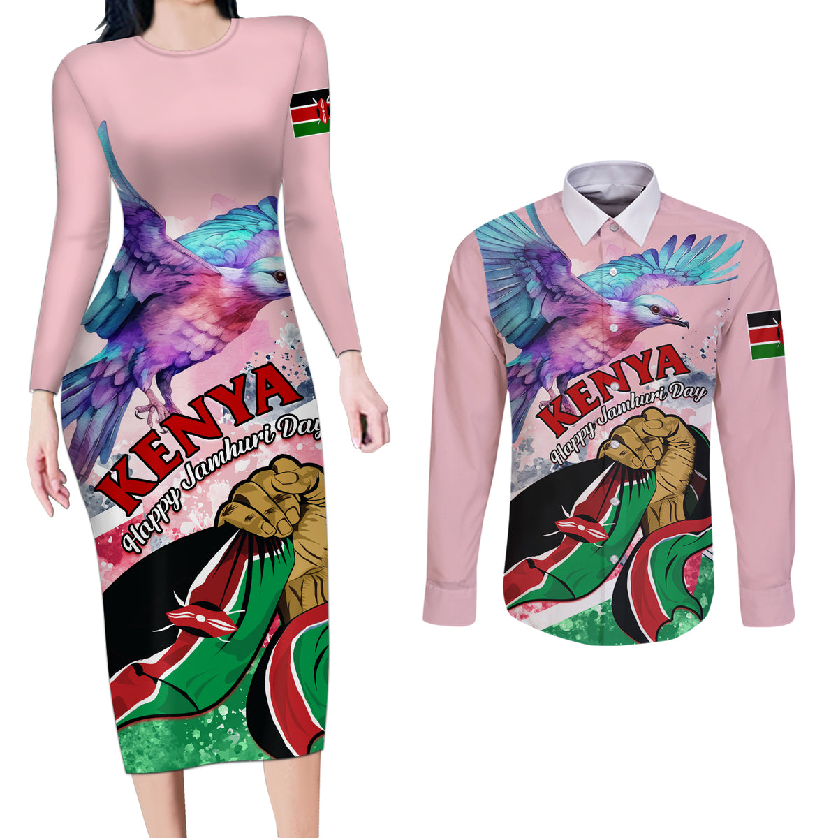 Personalised Kenya Independence Day Couples Matching Long Sleeve Bodycon Dress and Long Sleeve Button Shirt The Lilac Breasted Roller Unique Version - Wonder Print Shop